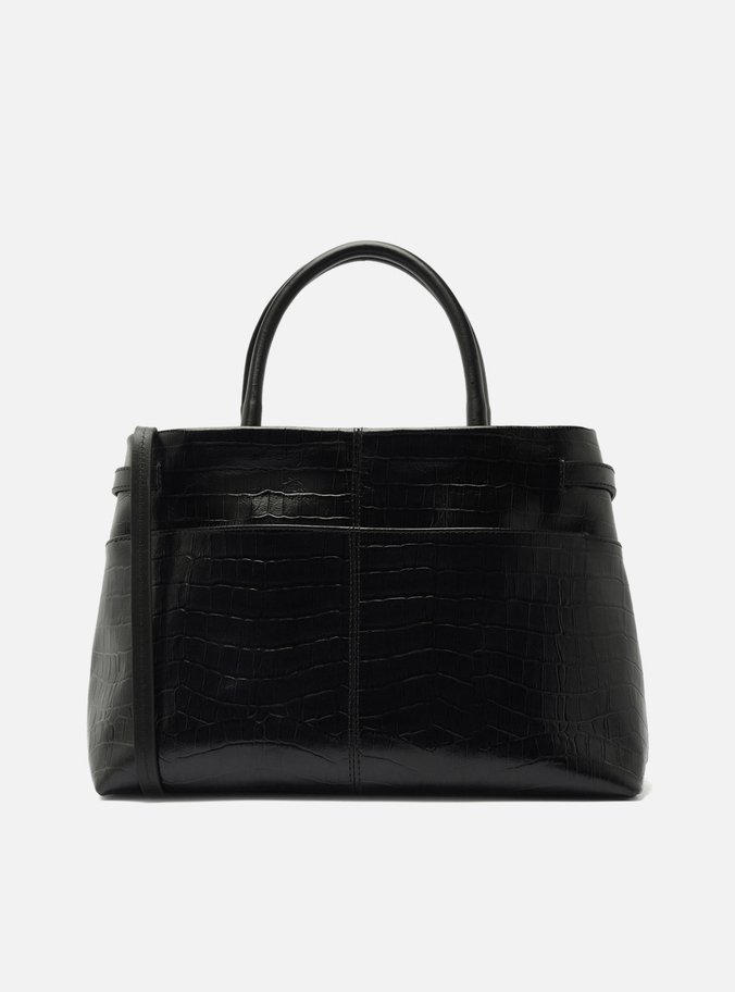 Bolsa Tote Preta Couro Croco Grande Fivelas