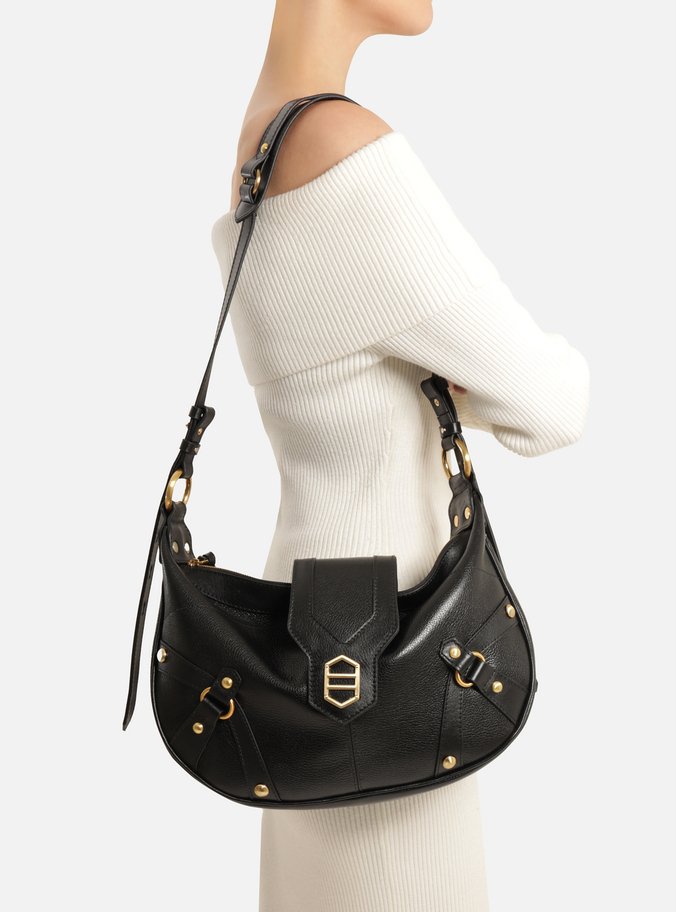 Bolsa Shoulder Preta Couro Grande Tiras Metais