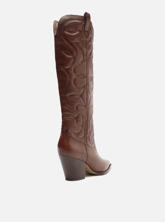Bota Marrom Couro Cano Longo Western Costuras