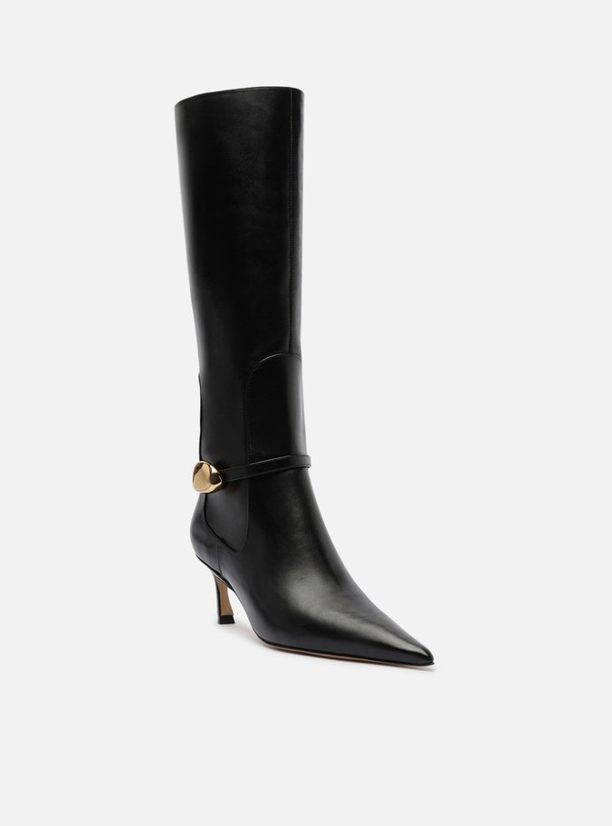 Bota Preta Couro Salto Baixo Cano Longo Metal