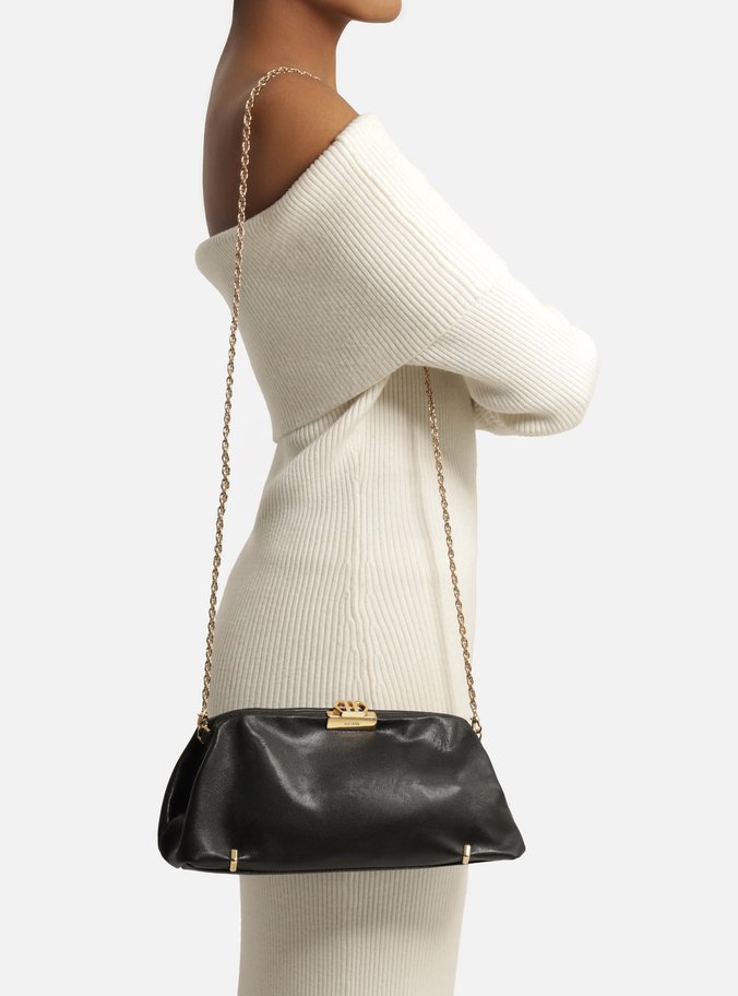 Bolsa Clutch Preta Couro Média Corrente Metais