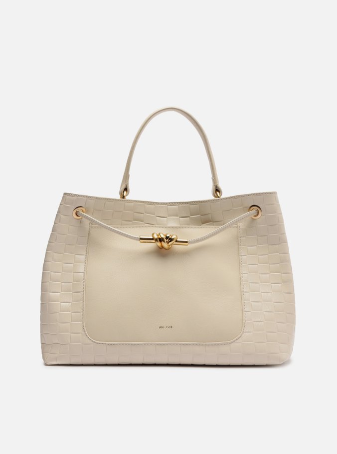 Bolsa Tote Branca Couro Tressê Grande Nó Metal