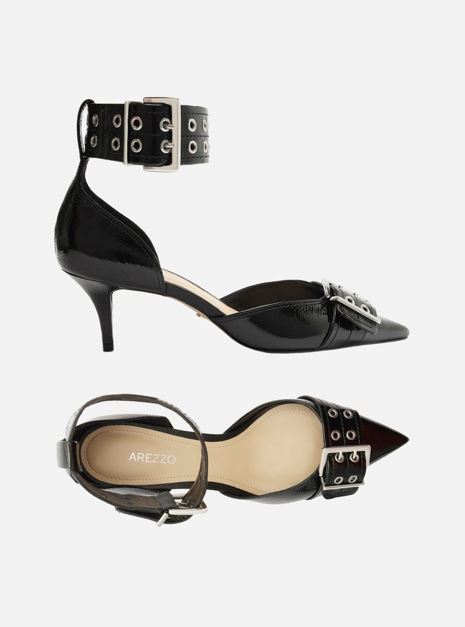 Scarpin Preto Verniz Ankle Strap Fivelas