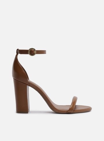 Sandália Marrom Couro Salto Alto Bloco Básica