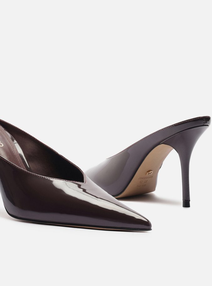 Mule Marrom Verniz Salto Alto Fino V