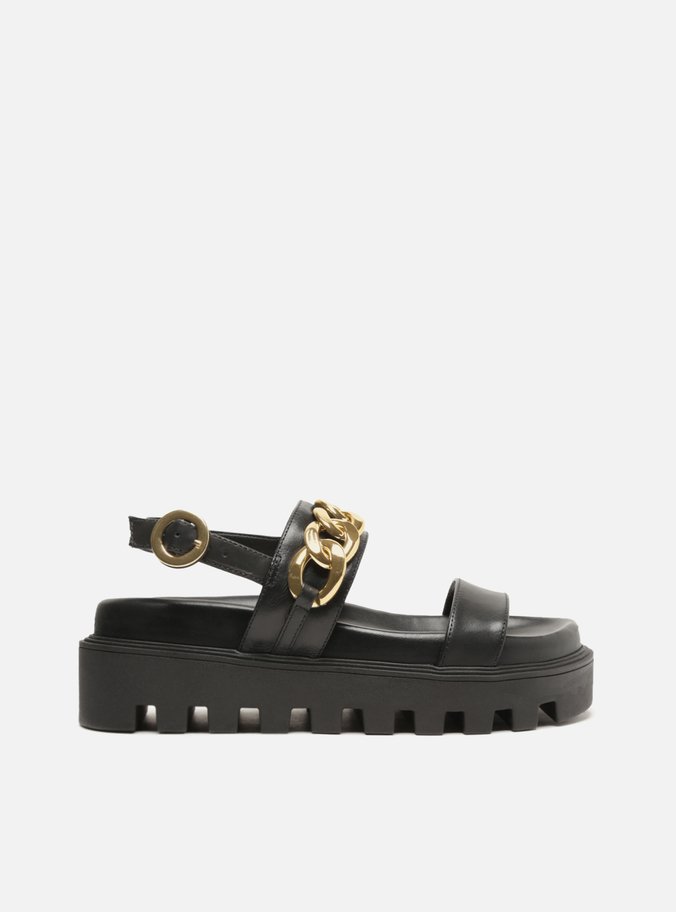 Sandália Preta Couro Flatform Tratorada Corrente
