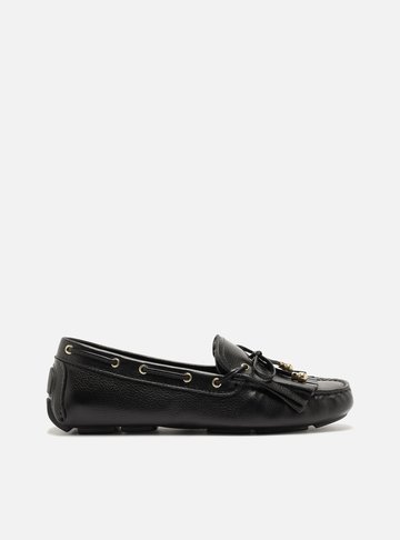 Arezzo — Mocassim Preto Couro Franjas Laço Retrô