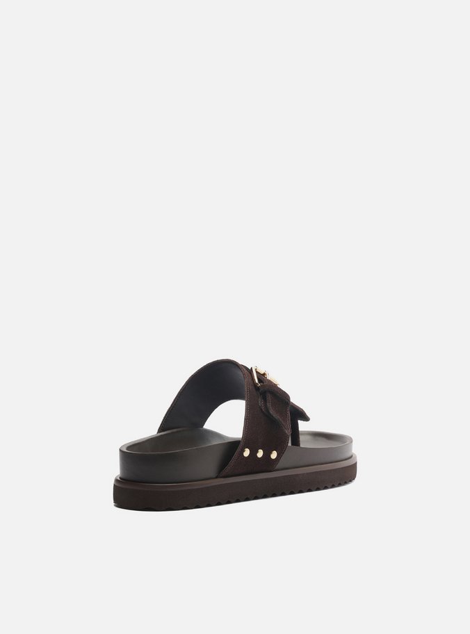 Sandália Papete Marrom Suede Tira Fivela