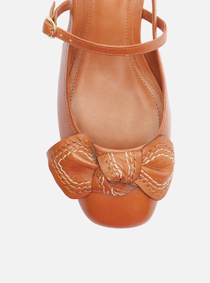 Sapato Boneca Marrom Couro Bloco Laço Pesponto