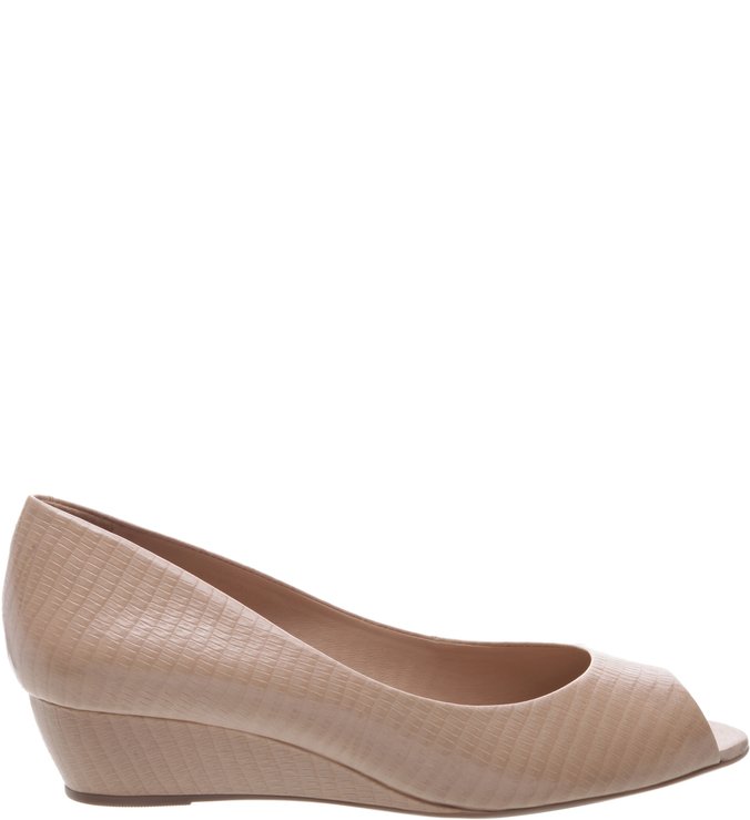 Peep Toe Couro Anabela Croco Bege