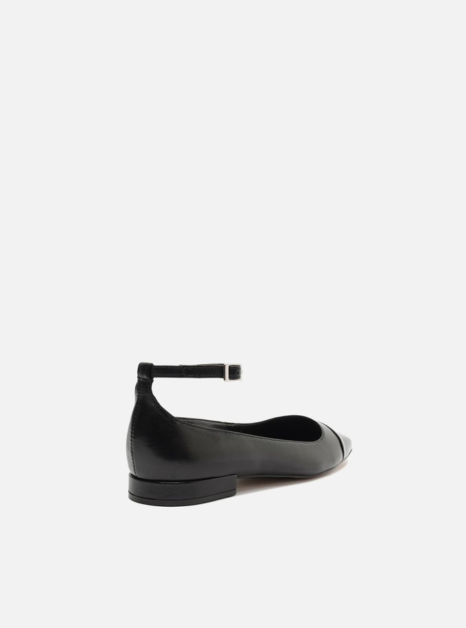 Sapatilha Boneca Preta Couro Cap Toe Fivela