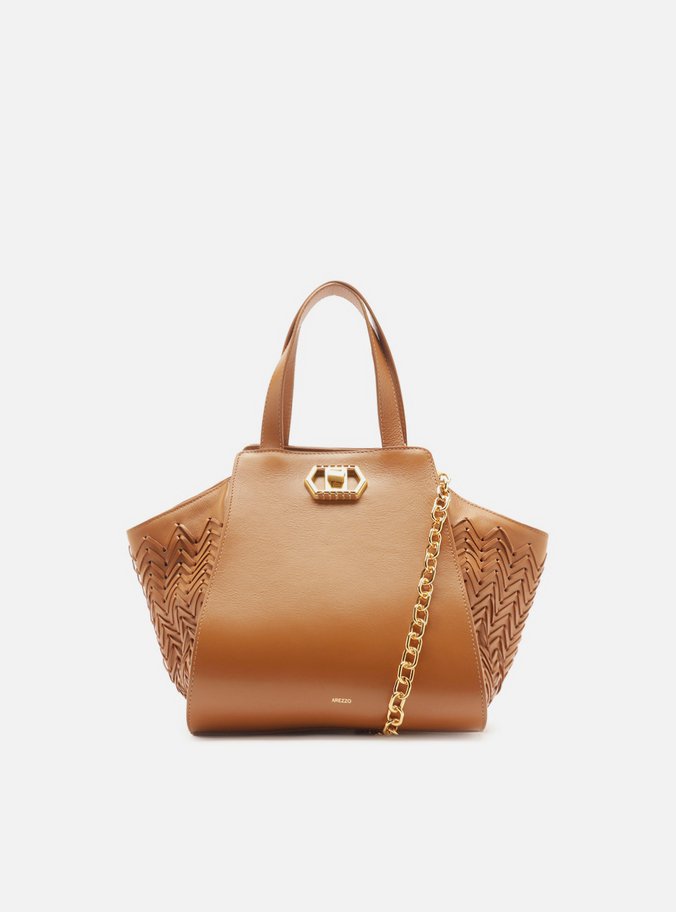 Bolsa Tote Marrom Couro Média Recortes