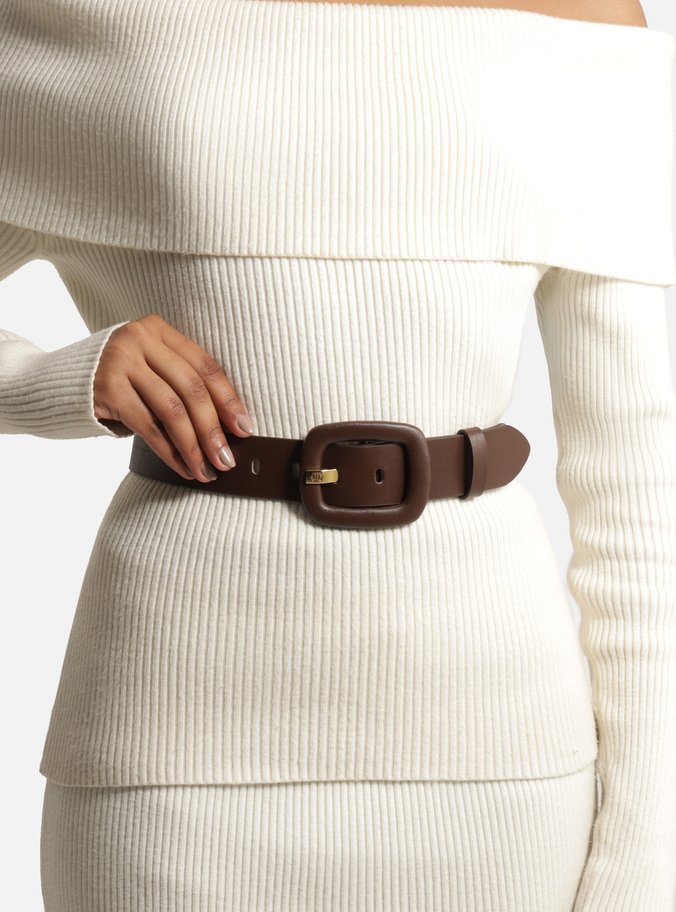 Cinto Marrom Couro Largo Fivela Forrada