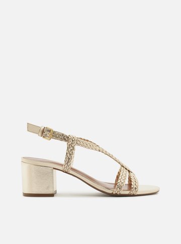 Sandália Dourada Salto Médio Bloco Tiras Trançadas