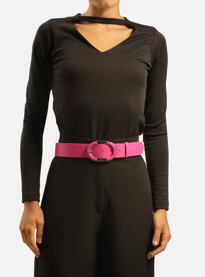 Cinto Rosa Couro Largo Fivela Oval Metal