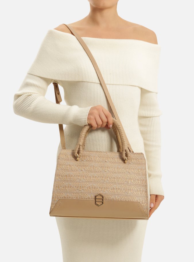 Bolsa Tote Bege Tramado Couro Média Metal