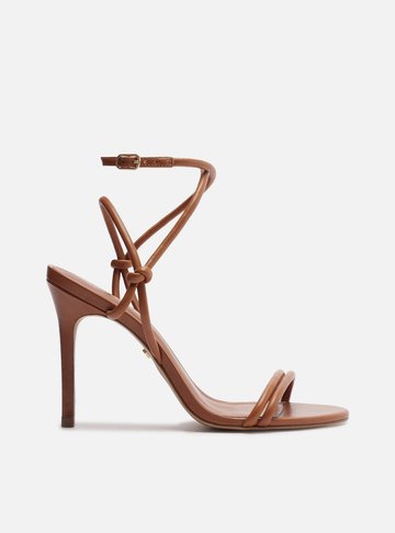 Sandália Marrom Caramel Salto Fino Tiras Knot