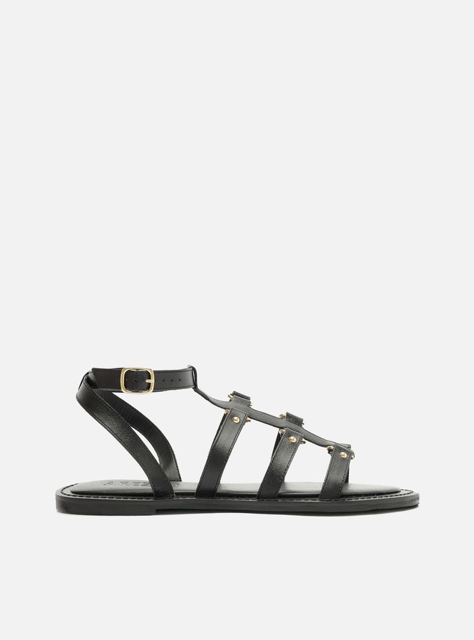 Sandália Rasteira Preta Couro Metais Gladiadora