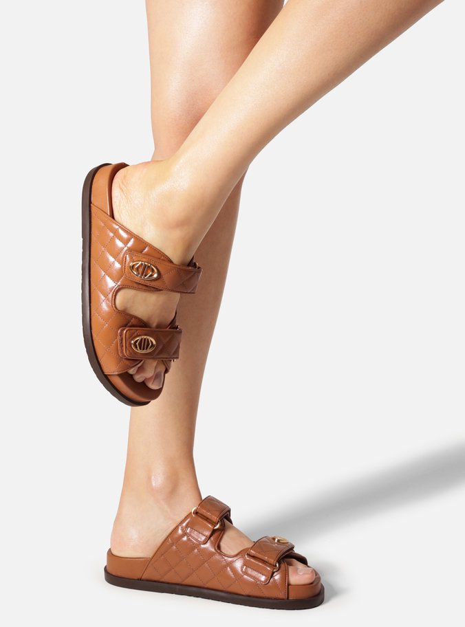 Sandália Papete Marrom Couro Flatform Matelassê