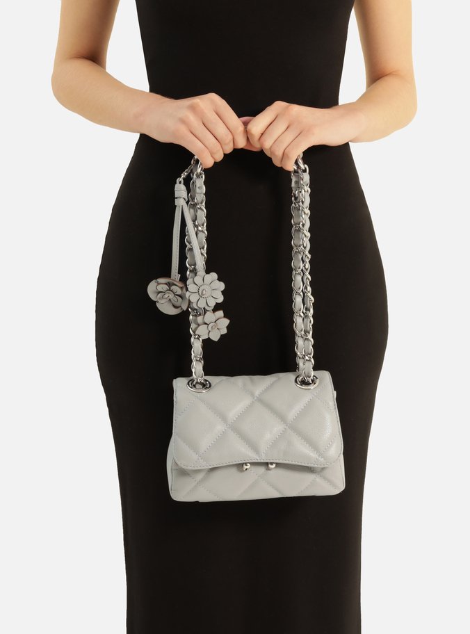Bolsa Tiracolo Cinza Couro Mizz Pequena Flor