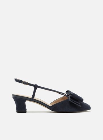 Scarpin Azul Camurça Salto Baixo Slingback Laço