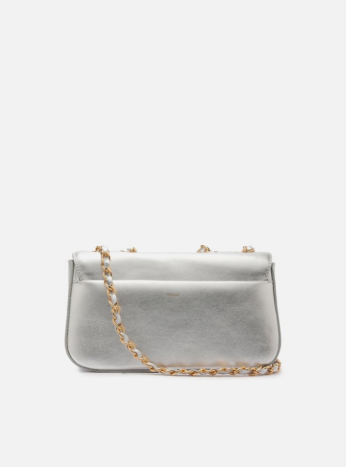 Bolsa Tiracolo Prata Couro Média Metal Flor