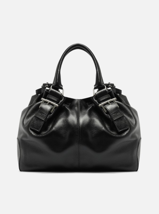 Bolsa Tote Preta Couro Grande Fivelas