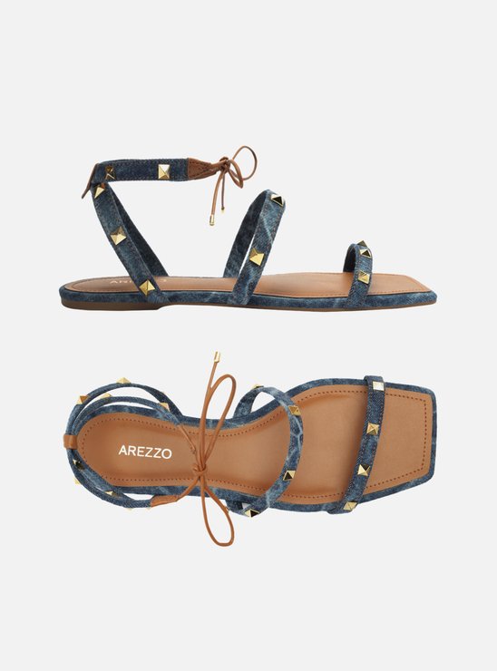 Sandália Rasteira Jeans Amarração Spikes Marrom