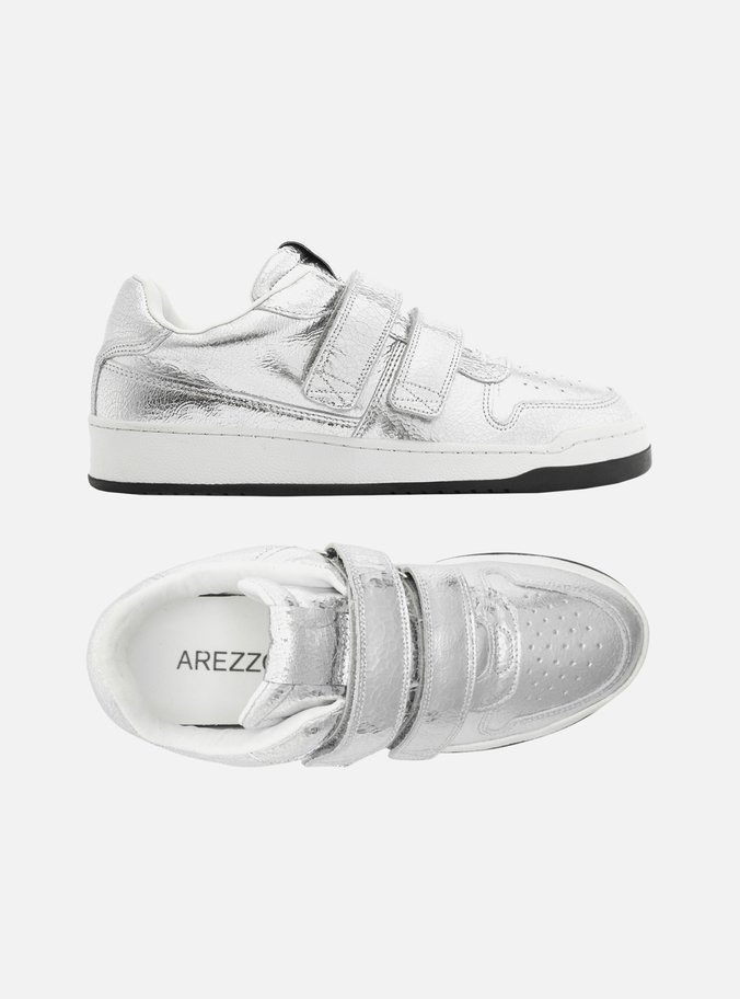 Tênis Slip On Prata Couro Tiras Velcro