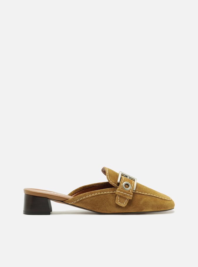 Mule Marrom Salto Bloco Fivela Suede Metais