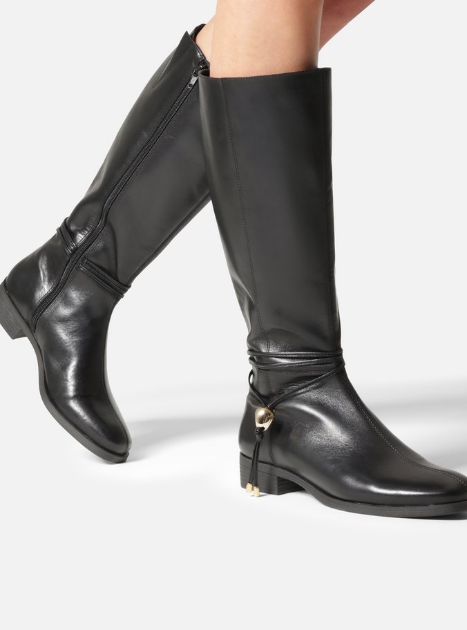 Bota Preta Couro Cano Longo Salto Bloco