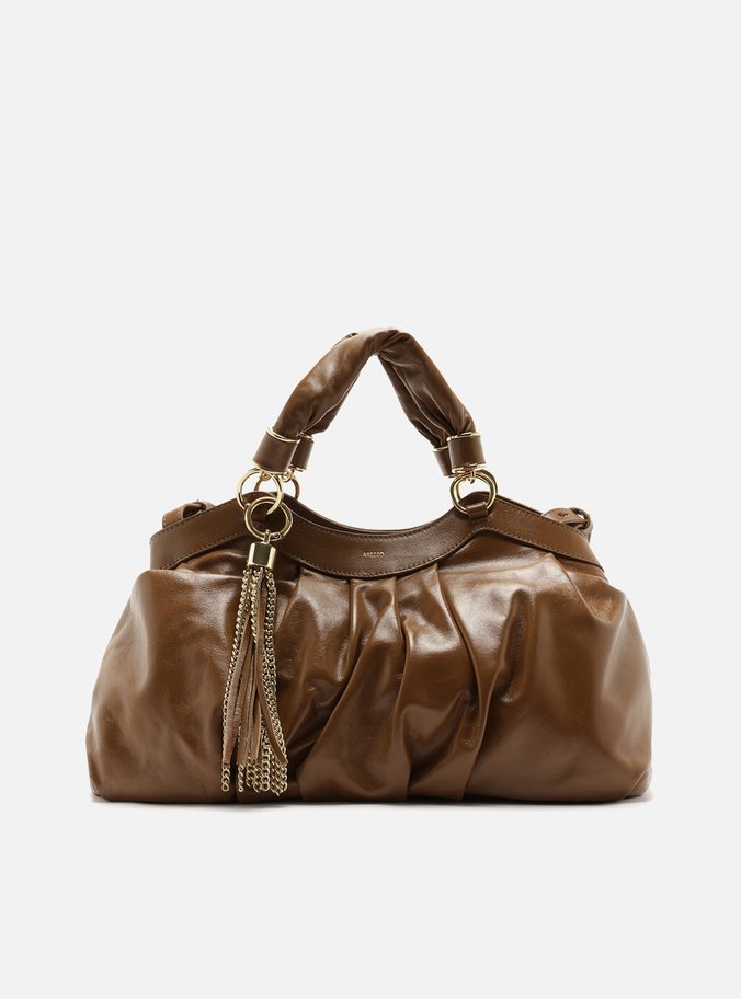 Bolsa Tote Marrom Couro Grande Franzida