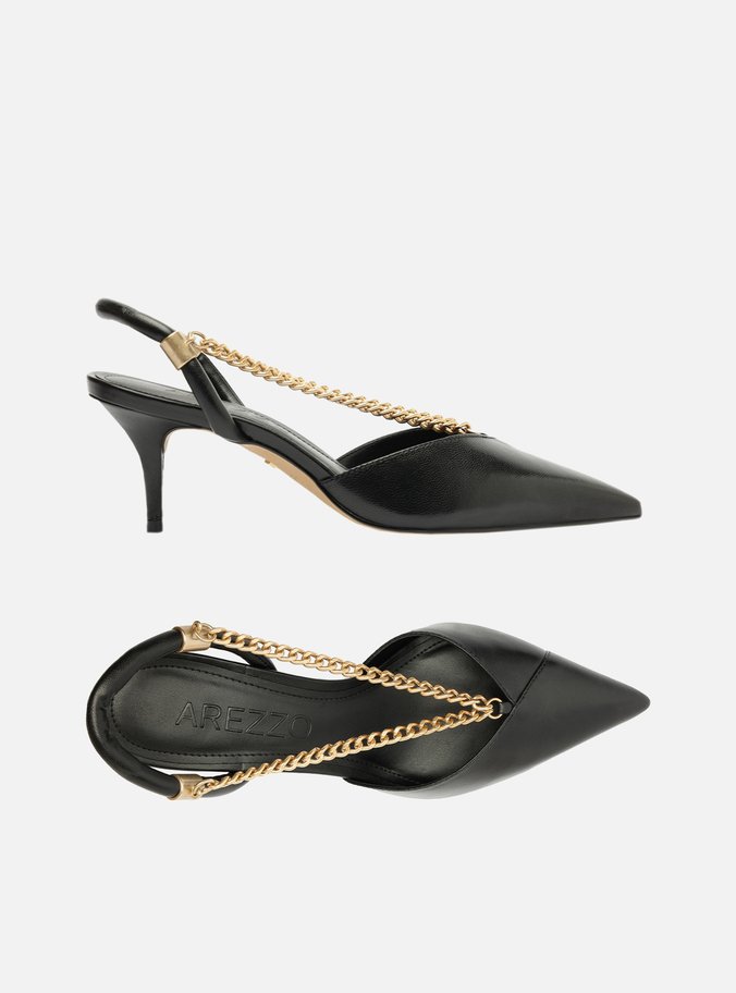 Scarpin Preto Couro Salto Baixo Corrente Esther