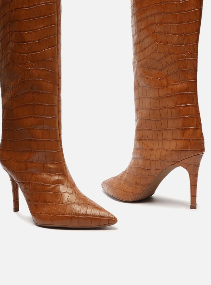 Bota Marrom Croco Cano Longo Salto Fino
