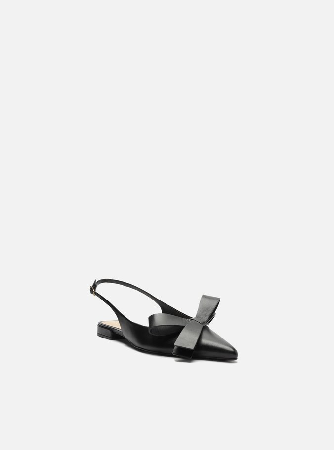 Sapatilha Preta Couro Slingback Laço Lateral