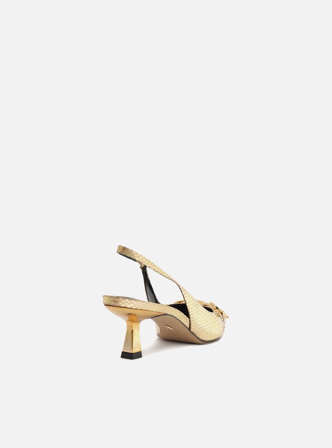 Scarpin Dourado Snake Bico Fino Slingback Bridão