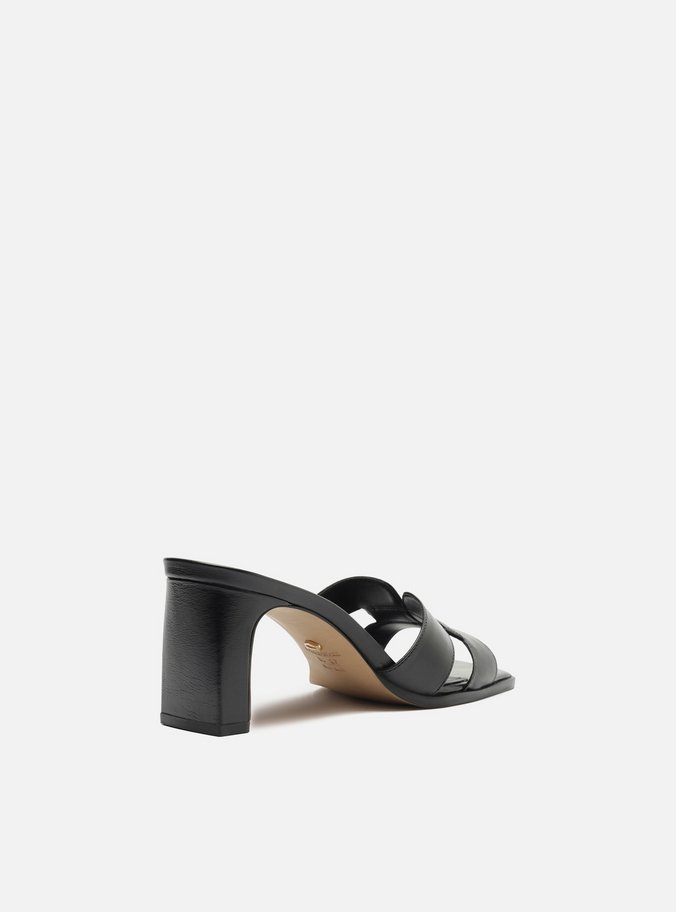 Mule Preto Couro Bloco Bico Quadrado