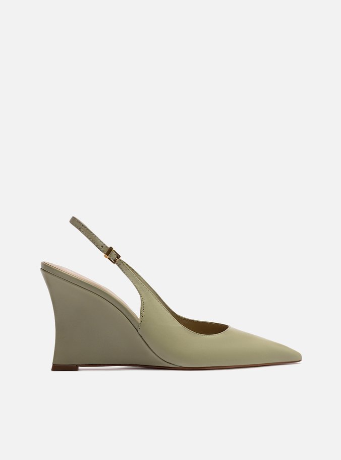 Scarpin Verde Oliva Couro Salto Alto Anabela Slingback
