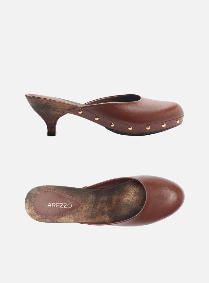 Mule Clog Marrom Couro Salto Baixo