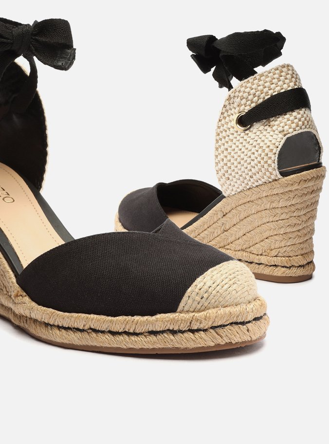 Sandália Espadrille Preta Lona Amarração