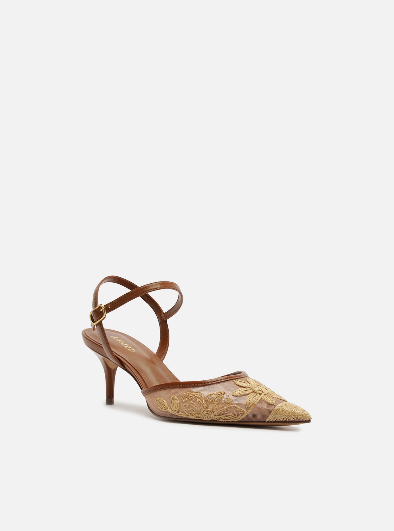 Scarpin Marrom Tule Salto Kitten Slingback Bordado — foto 2