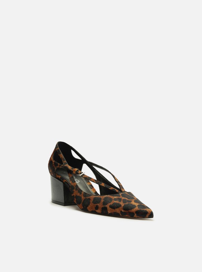Scarpin Animal Print Couro Bloco Semi Aberto Tiras