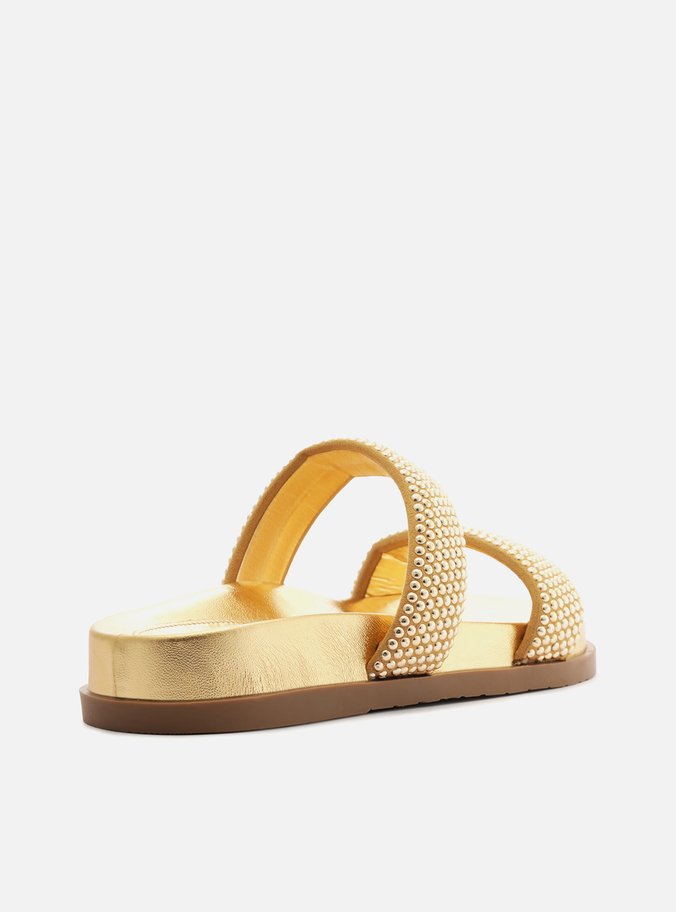 Sandália Papete Dourada Tiras Strass