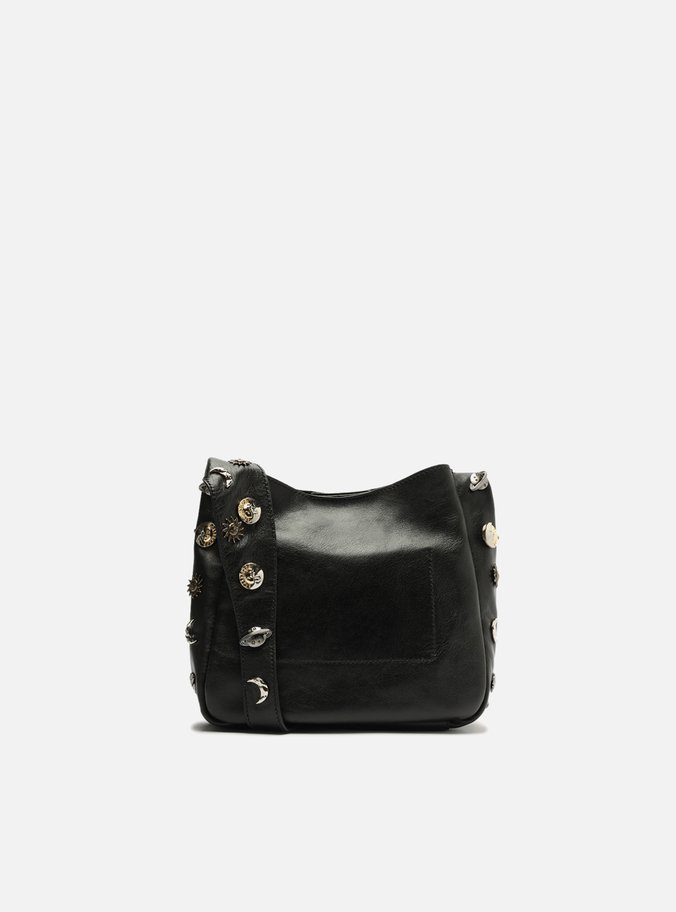 Bolsa Tiracolo Preta Couro Pequena Metais TIG