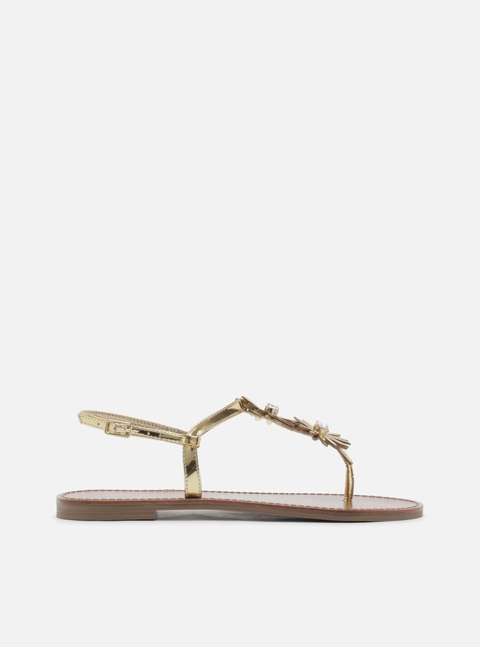 Sandália Rasteira Dourada Metalizada Slim Flores