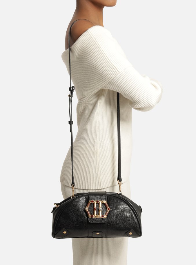 Bolsa Tiracolo Preta Couro Média Metal Sextavado