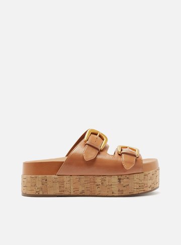 Sandália Marrom Couro Flatform Cortiça Fivelas