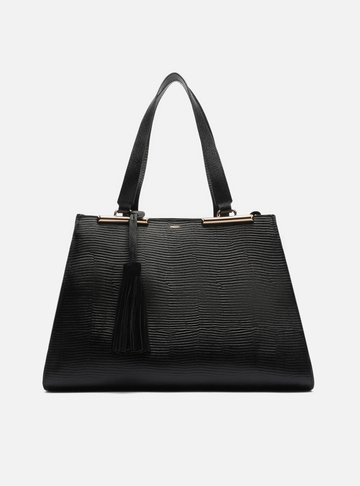 Arezzo — Bolsa Shopping Preta Couro Grande Croco Franja