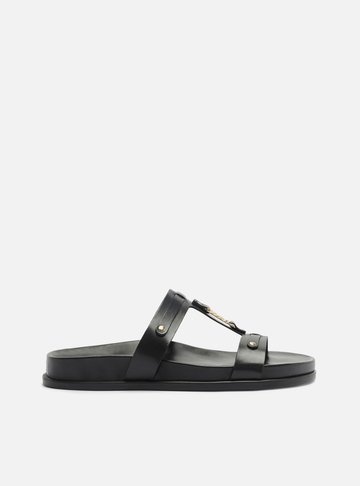 Arezzo — Sandália Papete Preta Couro Flatform Metais
