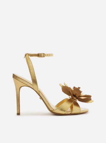 Sandália Dourada Couro Salto Fino Flor